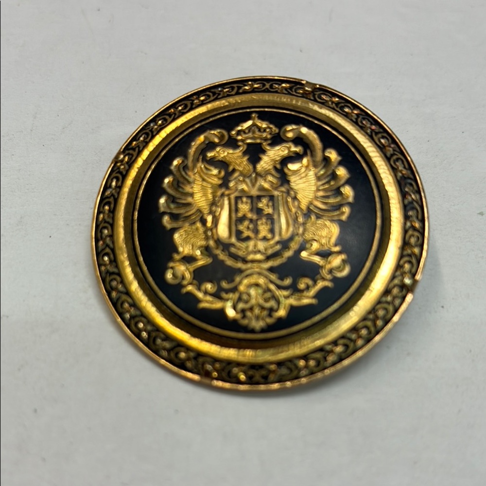 VTG Damascene Double Headed Eagle Crest Brooch Black / Gold Tone